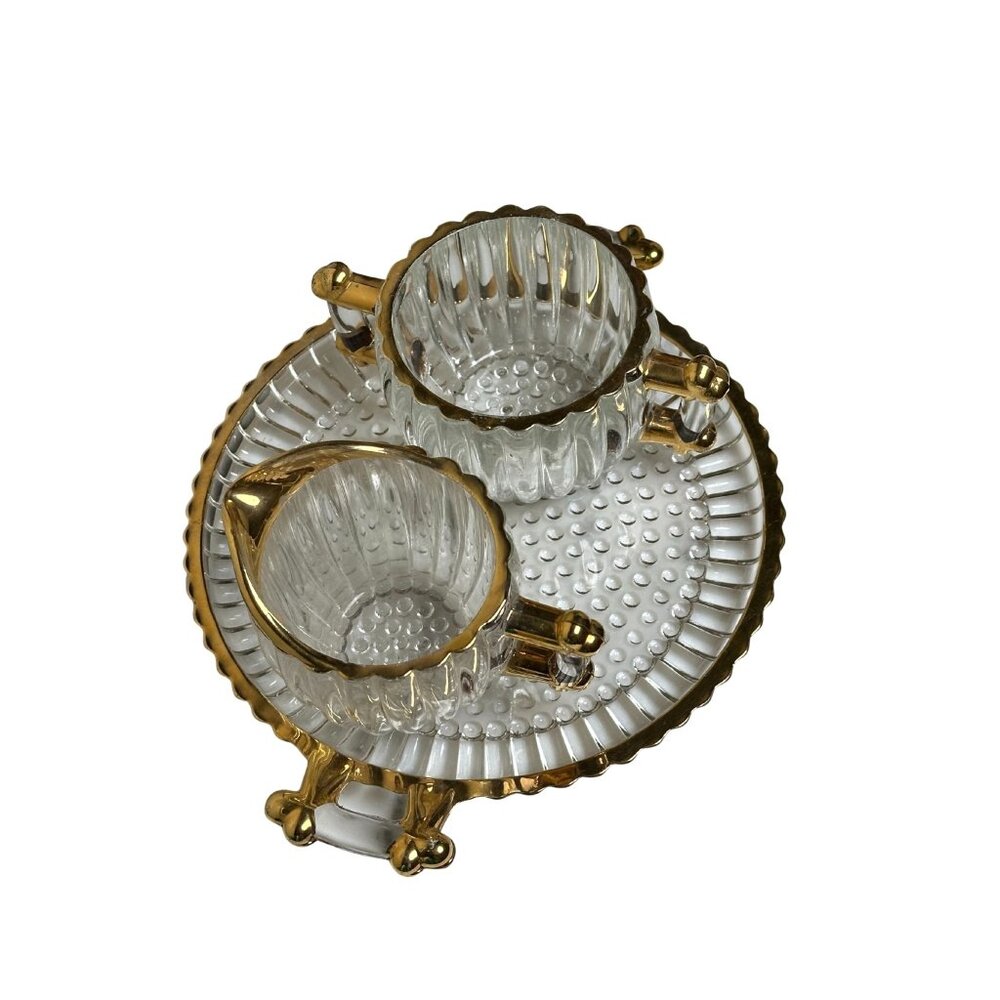 Vintage Gold Trimmed Glass Cream & Sugar Set With Tray Hollywood Regency
